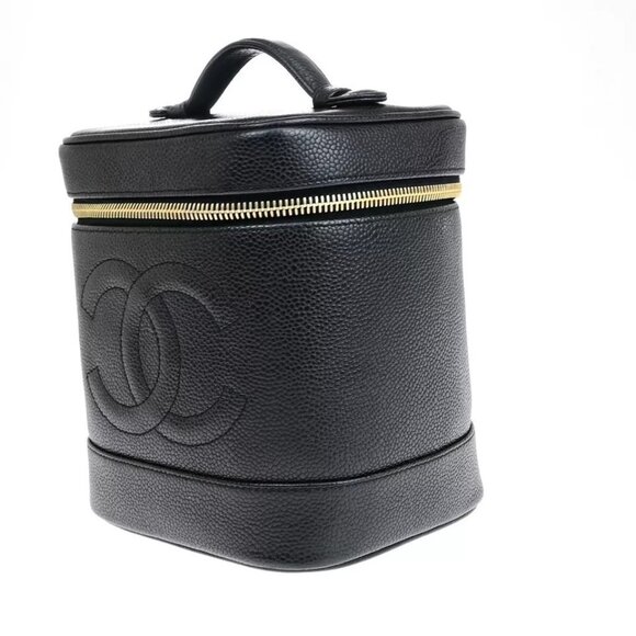 CHANEL CC Logo Vanity Hand Bag Caviar Skin Leather Black France Vintage